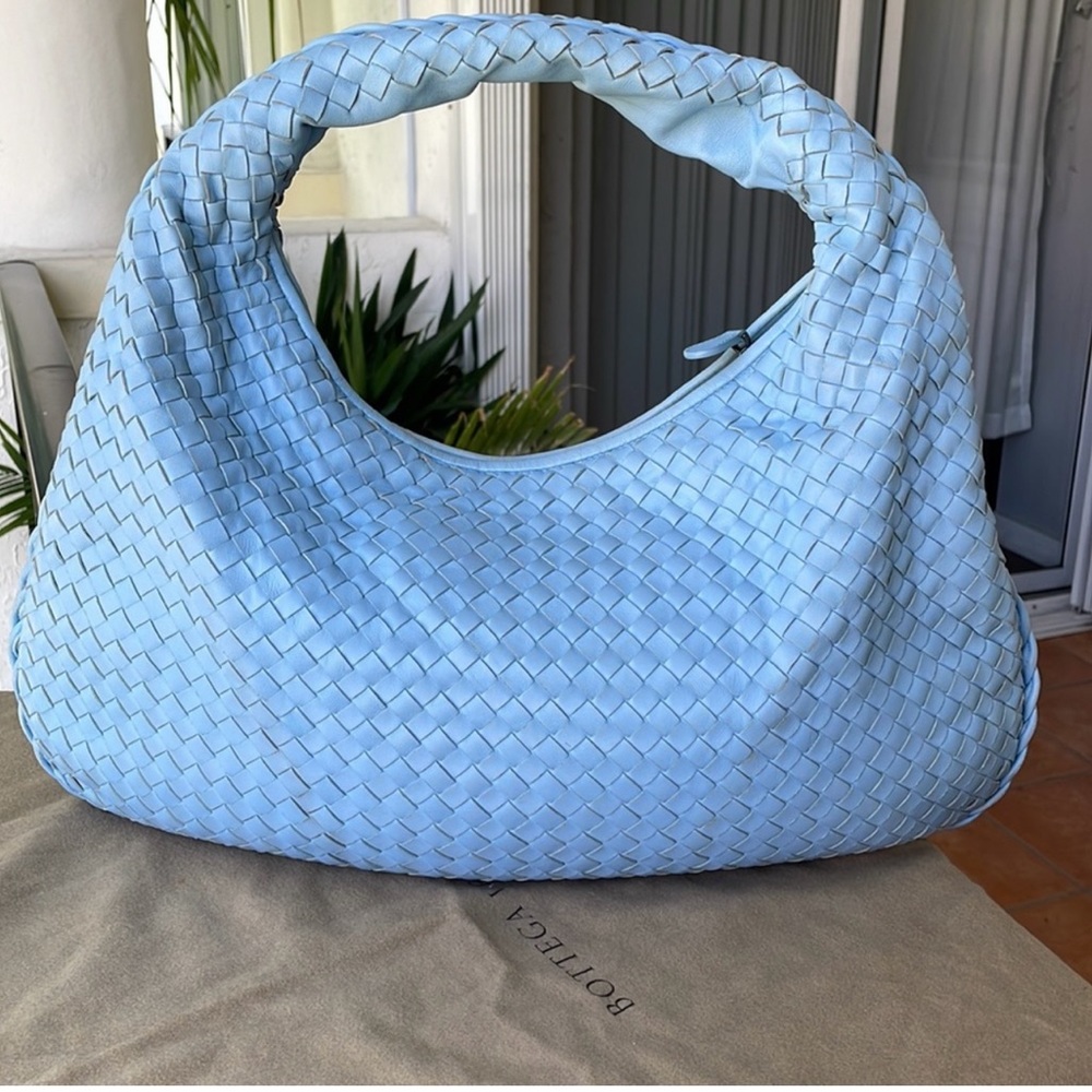 BOTTEGA VENETA Nappa Leather Intrecciato Bag Large Hobo in Baby Blue Rare EUC